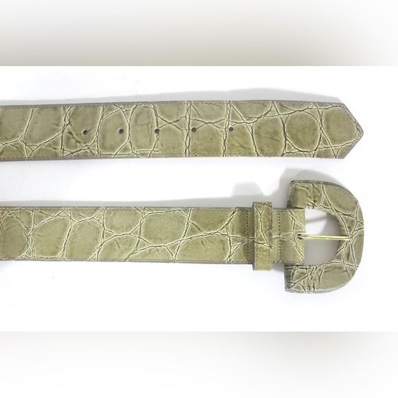 80’s Grey Green Croc Embossed Patent Leather Wide Belt with Self Buckle Vintage - Picture 7 of 7